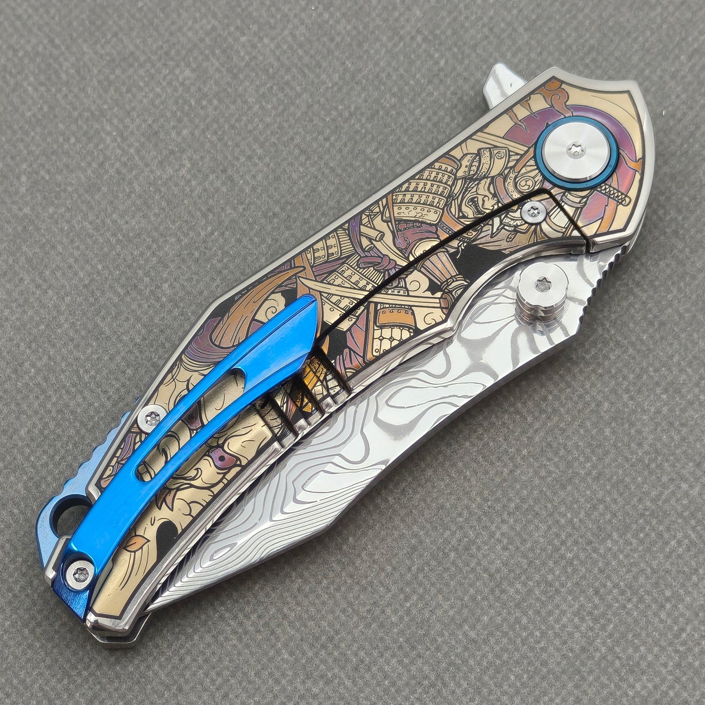 VORIXN "Mythos" (3.5" Damascus Blade) Engraved Titanium Handle Flipper & Thumb Stud Folding Knife - KB124