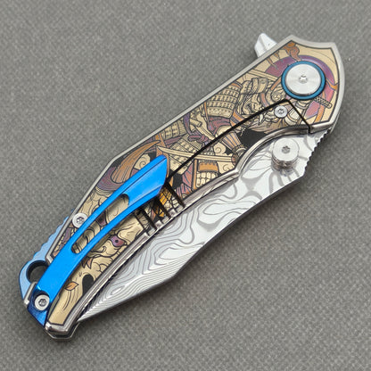 VORIXN "Mythos" (3.5" Damascus Blade) Engraved Titanium Handle Flipper & Thumb Stud Folding Knife - KB124
