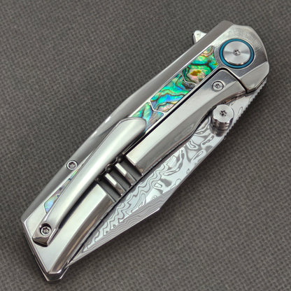 VORIXN "Ocean Mirage" Flipper & Thumb Stud Knife Deep-sea Abalone Shell Inlay Titanium Handle (3.7" Damascus Blade) KB108