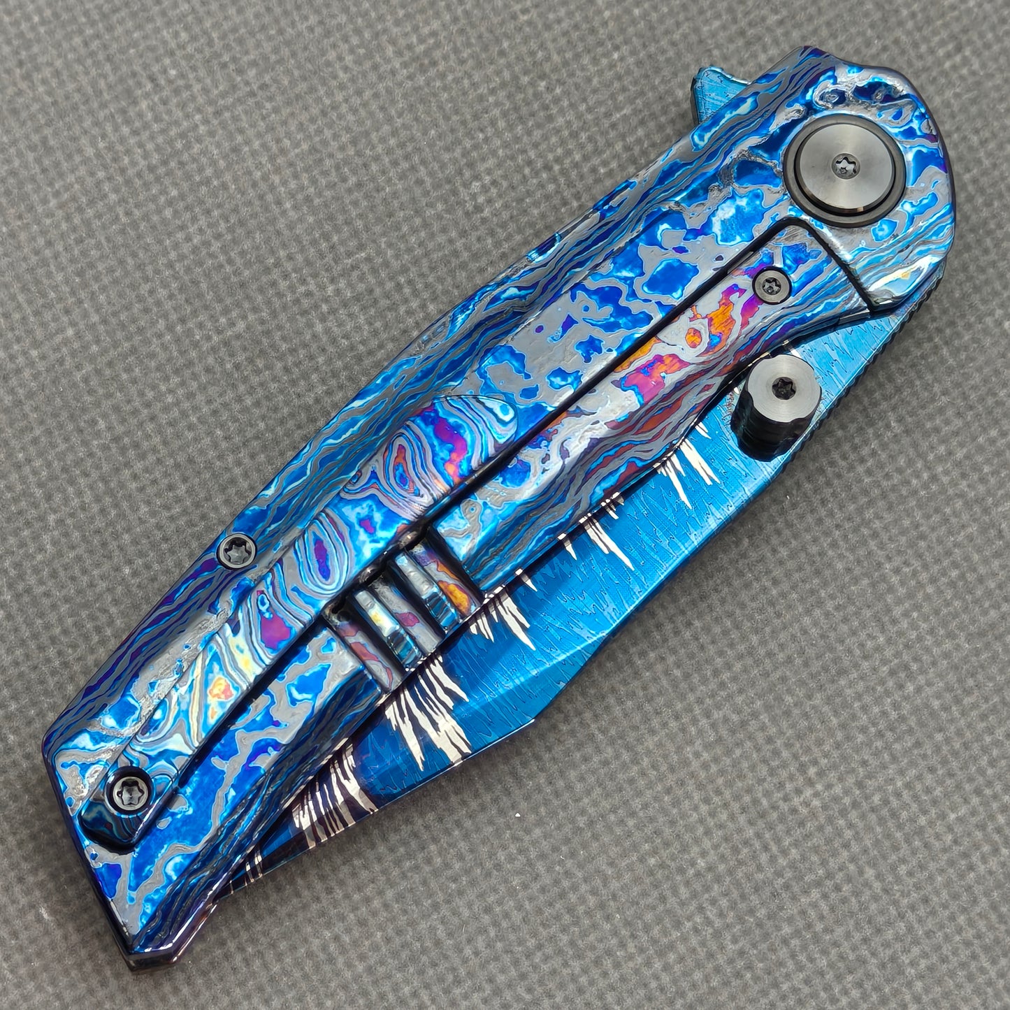 Vorixn "Aurora Black" Flipper & Thumb Stud Knife Hand-Flamed Zirconium Handle (3.8" Feather Damascus Blade) KB112