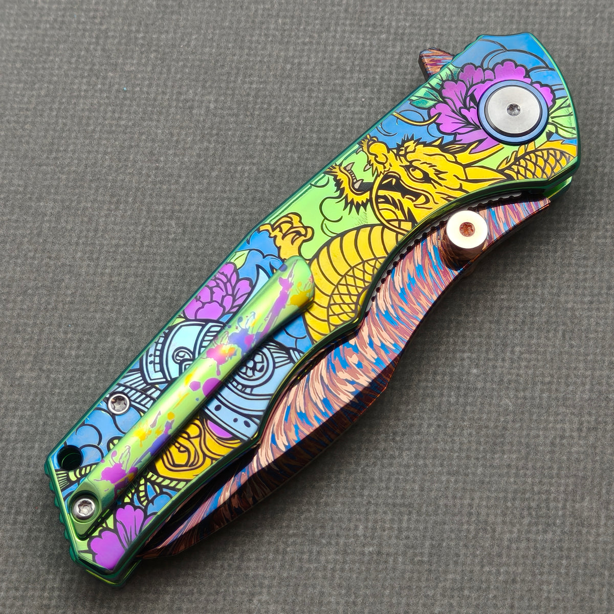 VORIXN "Wildcrest" (3.8" Damascus Blade)  Titanium Handle Flipper & Thumb Stud Folding Knife - KB146