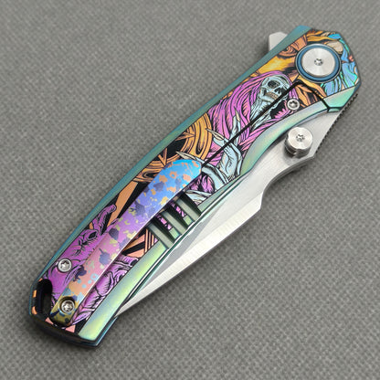 Vorixn "Halo" Flipper & Thumb Stud Knife Titanium-Engraved Anodized Coloring Handle (3.7"10Cr15CoMo Blade) KB078