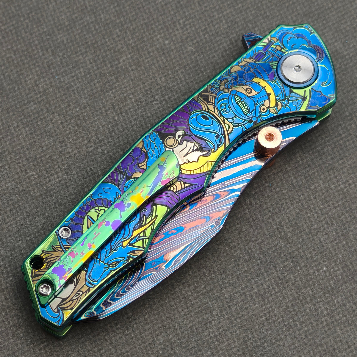 VORIXN "Lorebound" (3.8" Damascus Blade)  Titanium Handle Flipper & Thumb Stud Folding Knife - KB147