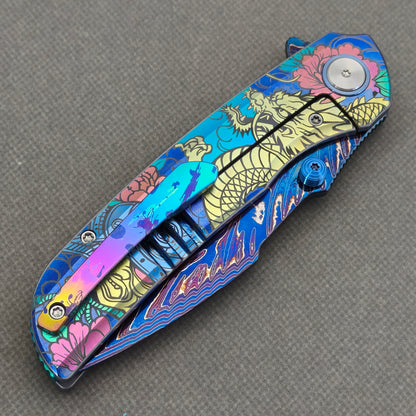 VORIXN "Tideprowler" (3.8" Damascus Blade)  Titanium Handle Flipper & Thumb Stud Folding Knife - KB155