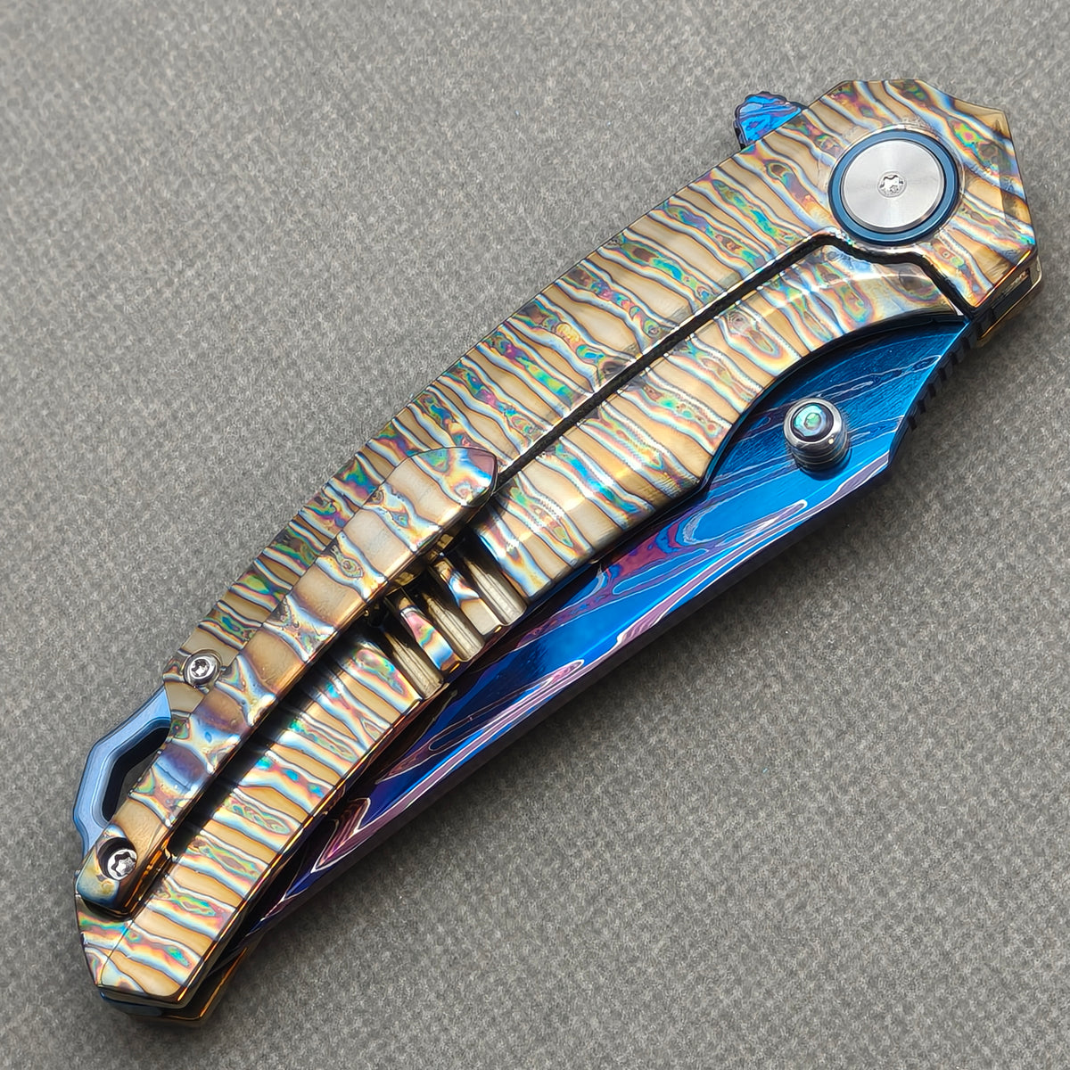 VORIXN "Chromaforge" (3.7" Damascus Blade) Hand-Flamed Titanium Handle Flipper & Thumb Stud Folding Knife - KB135