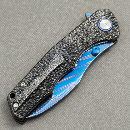 VORIXN "Cragline" (3.8" Damascus Blade)  Titanium Handle Flipper & Thumb Stud Folding Knife - KB151