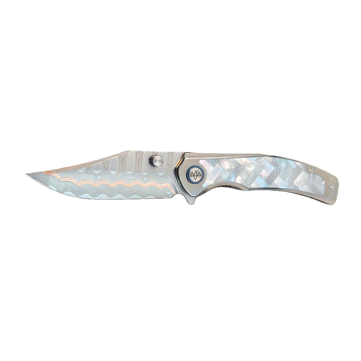 VORIXN "Ocean Mirage" Flipper & Thumb Stud Knife White Mother-of-pearl Inlaid Titanium Handle (3.9"  Cu-Mai  Blade) KB068