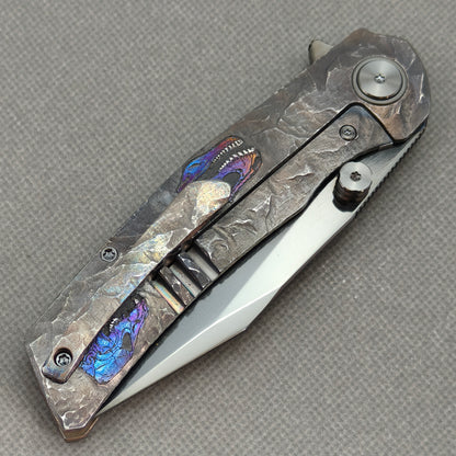 VORIXN "Rex" (3.8" M390 Blade) Hand-Engraved & Anodized Titanium Handle Flipper & Thumb Stud Folding Knife - KB118