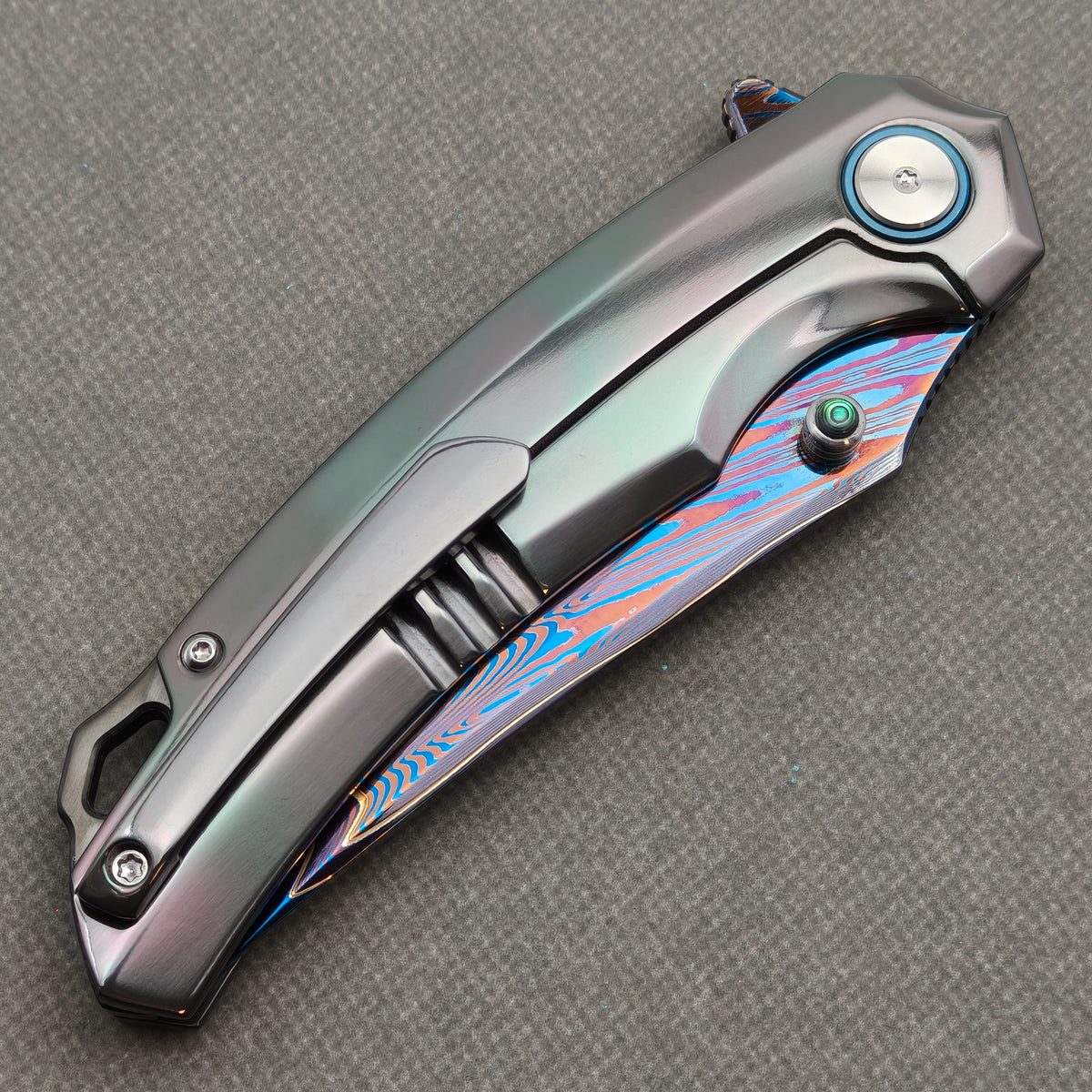 VORIXN "Embercrest" (3.7" Damascus Blade)  Zirconium Handle Flipper & Thumb Stud Folding Knife - KB136