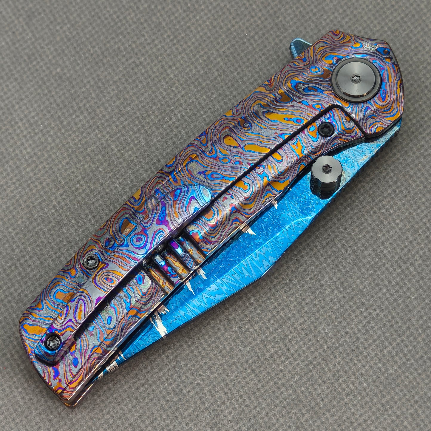 Vorixn "Aurora Black" Flipper & Thumb Stud Knife Hand-Flamed Zirconium Handle (3.8" Feather Damascus Blade) KB105