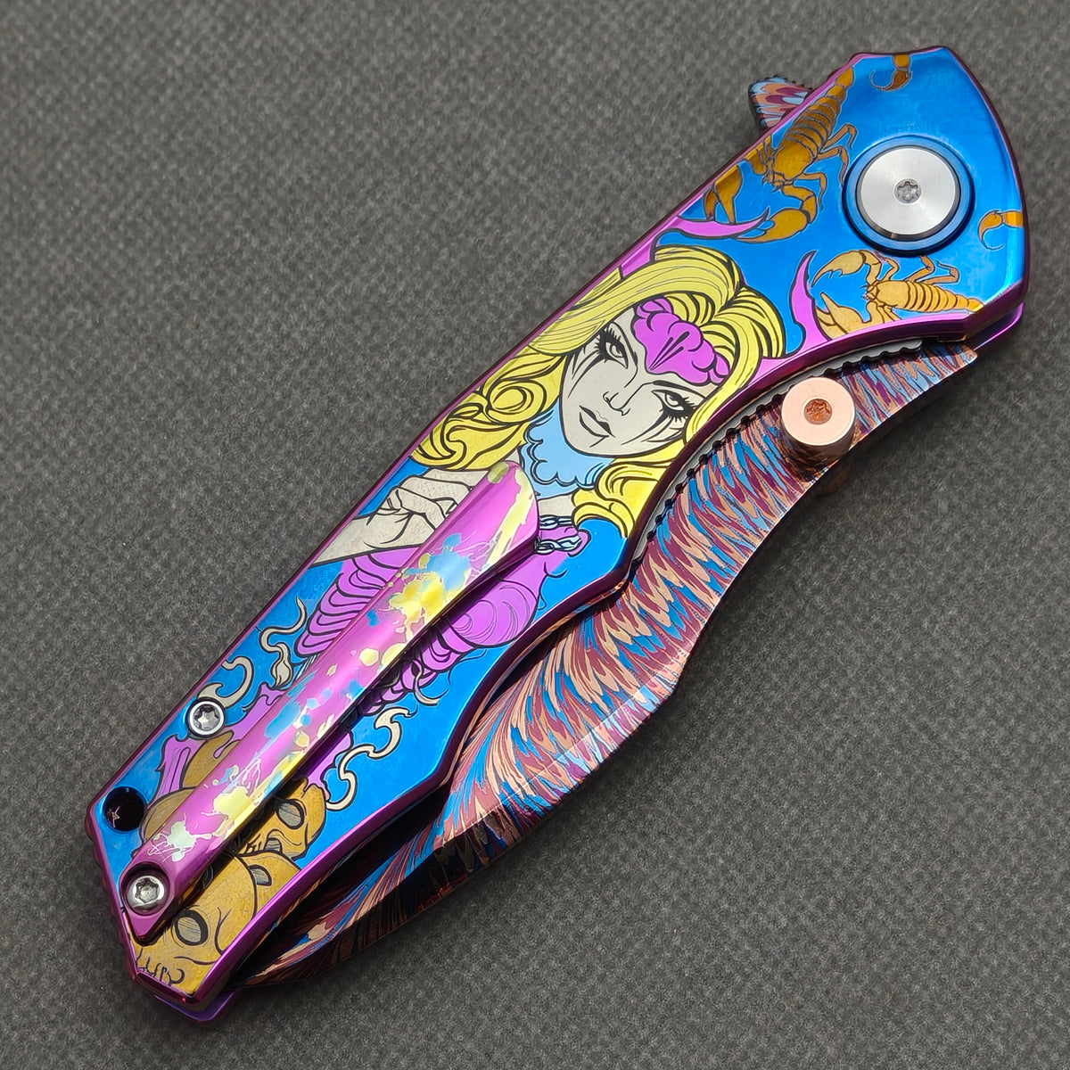 VORIXN "Duskborne" (3.8" Damascus Blade)  Titanium Handle Flipper & Thumb Stud Folding Knife - KB145