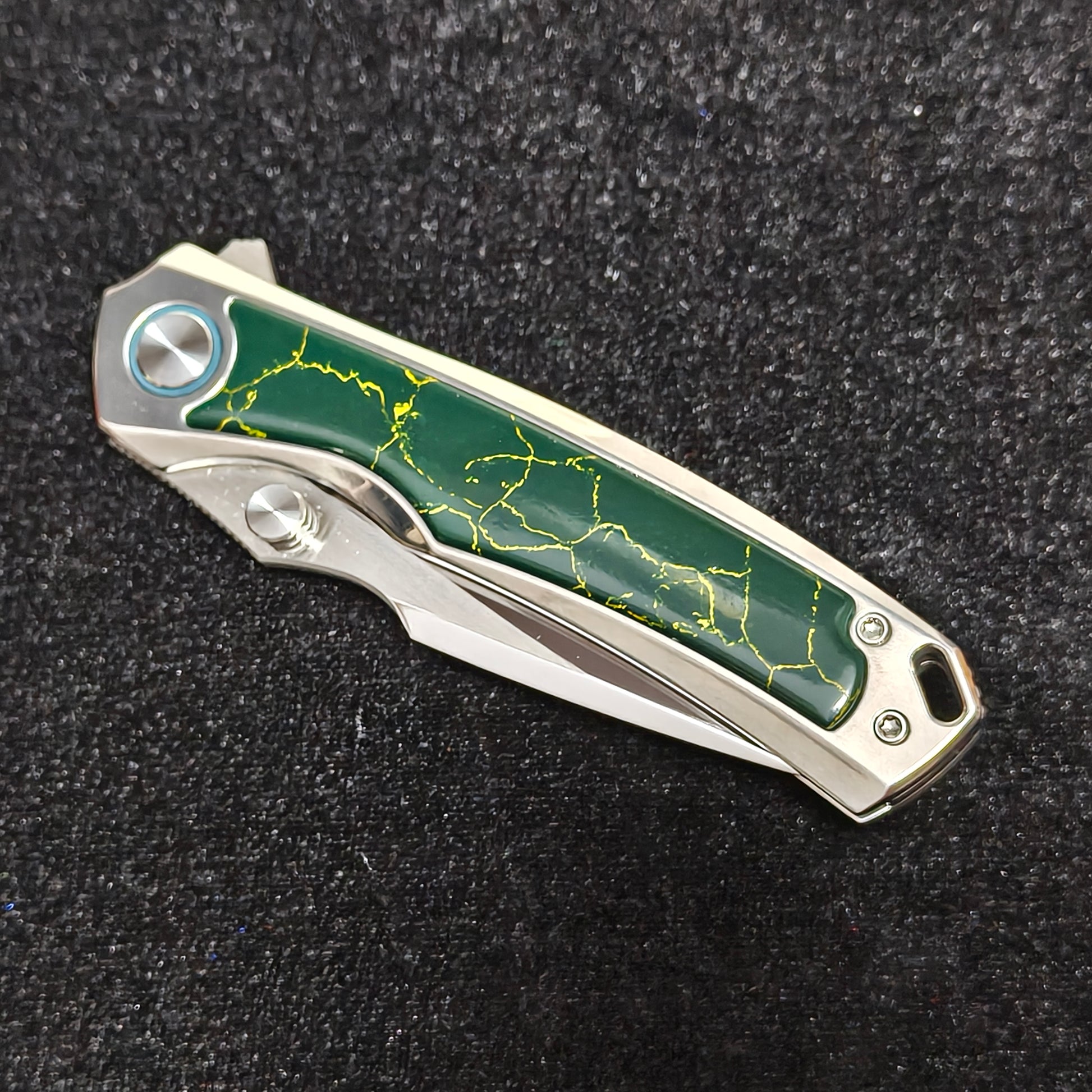 VORIXN Verdant folding knife closed non-clip side showing lab-created turquoise inlay pattern
