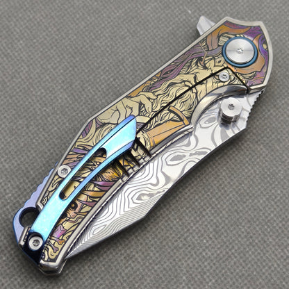 VORIXN "Requiem" (3.5" Damascus Blade) Engraved Titanium Handle Flipper & Thumb Stud Folding Knife - KB114