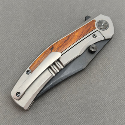 Vorixn "Ironwood Crest" Flipper & Thumb Stud Knife Titanium & Ironwood Handle (3.9" Damascus Blade) KB075