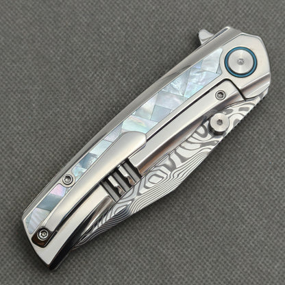 VORIXN "Ocean Mirage" Flipper & Thumb Stud Knife White Mother-of-pearl Inlaid Titanium Handle (3.8" Damascus Blade) KB084