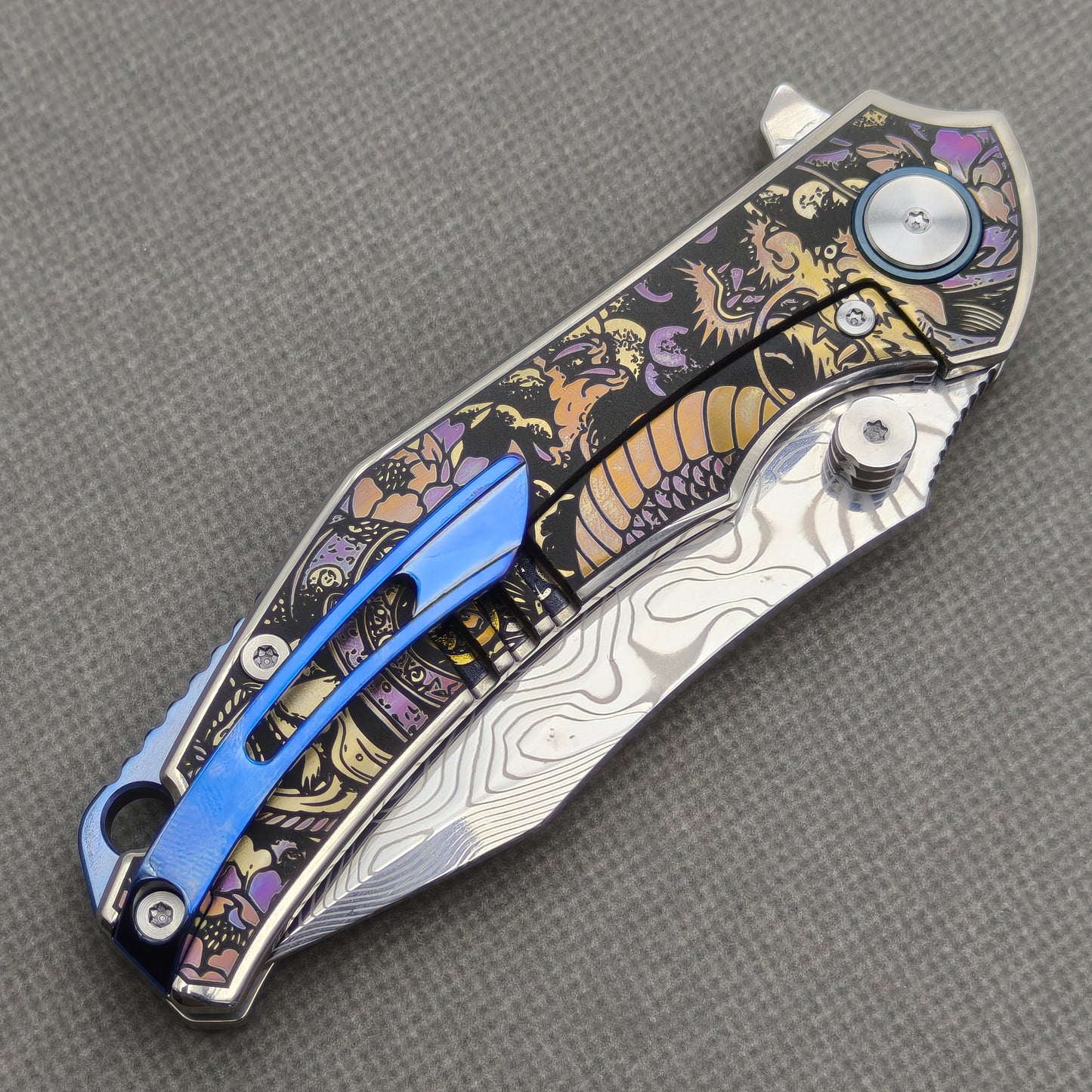 VORIXN "Dominion" (3.5" Damascus Blade) Engraved Titanium Handle Flipper & Thumb Stud Folding Knife - KB115