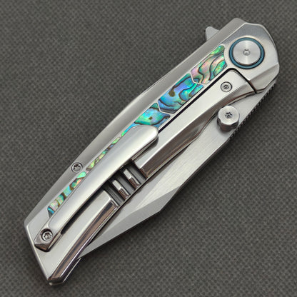 VORIXN "Ocean Mirage" Flipper & Thumb Stud Knife Deep-sea Abalone Shell Inlay Titanium Handle (3.7" M390 Blade) KB113