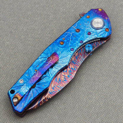 VORIXN "Skyvein" (3.8" Damascus Blade)  Titanium Handle Flipper & Thumb Stud Folding Knife - KB148