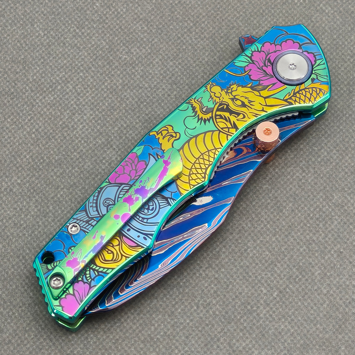 VORIXN "Tigerflow" (3.8" Damascus Blade)  Titanium Handle Flipper & Thumb Stud Folding Knife - KB149