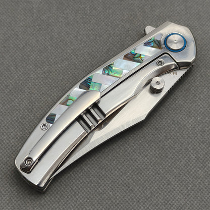 VORIXN "Ocean Mirage" Flipper & Thumb Stud Knife Mother-of-pearl Inlaid Titanium Handle (3.9" M390 Blade) KB066