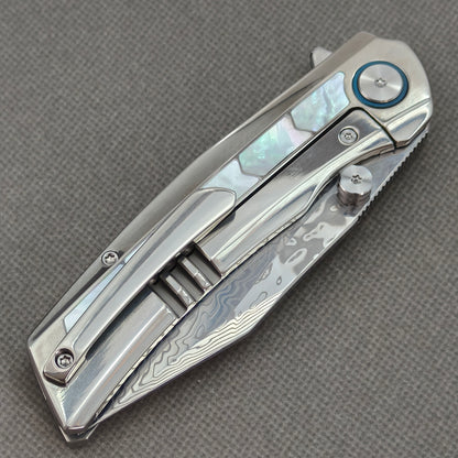 VORIXN "Ocean Mirage" Flipper & Thumb Stud Knife White Mother-of-Pearl Inlay Titanium Handle (3.7" Damascus Blade) KB109