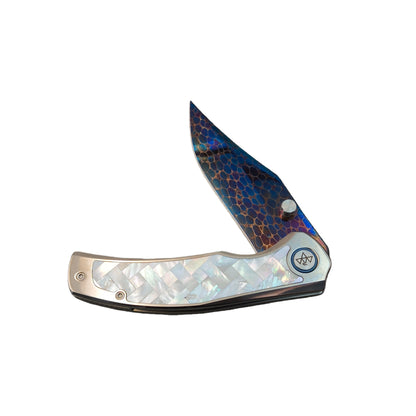 VORIXN "Ocean Mirage" Flipper & Thumb Stud Knife White Mother-of-pearl Inlaid Titanium Handle (3.9" Dragon Damascus Blade) KB067