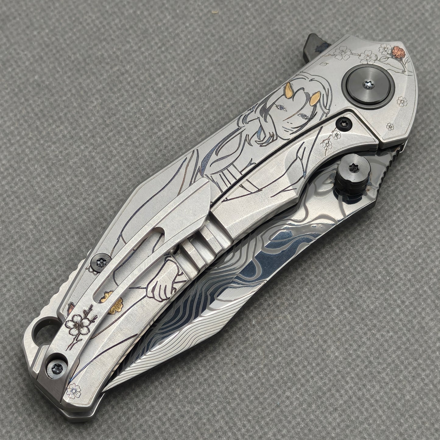 Vorixn "Yokai" Flipper & Thumb Stud Knife Laser-Engraved & Hand-Inlaid Copper Accents Titanium Handle (3.4" Damascus Blade) KB106