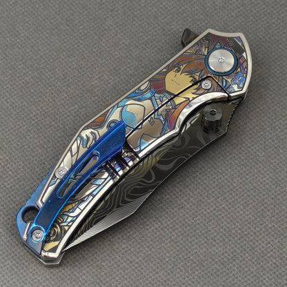 VORIXN "Reverie" (3.5" Damascus DLC-Coated Blade) Engraved Titanium Handle Flipper & Thumb Stud Folding Knife - KB116