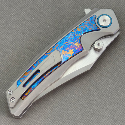 Vorixn "Abyssal" Flipper & Thumb Stud Knife Damascus Titanium Handle (3.7" 10Cr15CoMoV Blade) KB101