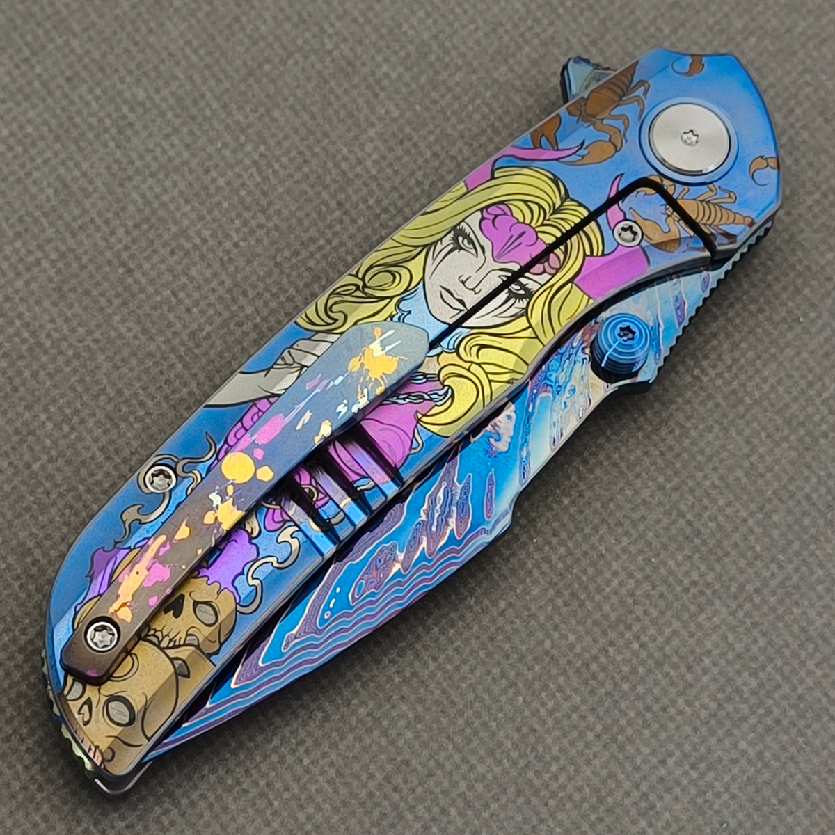 VORIXN "Echoshroud" (3.8" Damascus Blade)  Titanium Handle Flipper & Thumb Stud Folding Knife - KB156