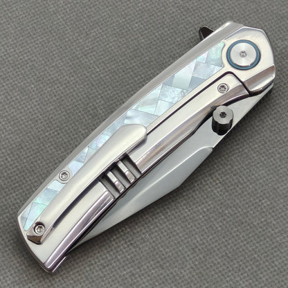 VORIXN "Ocean Mirage" Flipper & Thumb Stud Knife White Mother-of-pearl Inlaid Titanium Handle (3.8" M390 Blade) KB093