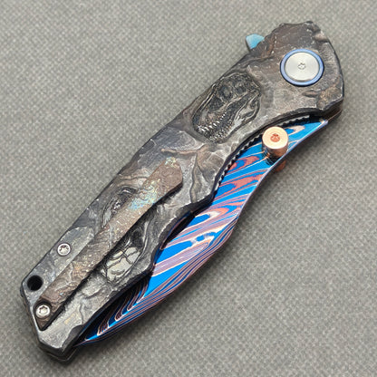 VORIXN "Fossilshade" (3.8" Damascus Blade)  Titanium Handle Flipper & Thumb Stud Folding Knife - KB153