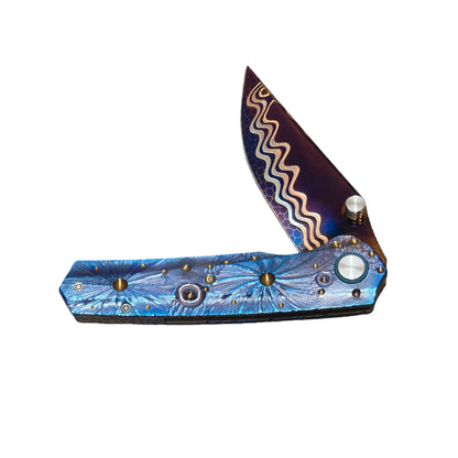 VORIXN Impact Origin titanium Damascus EDC folding knife half-open position, non-clip side view