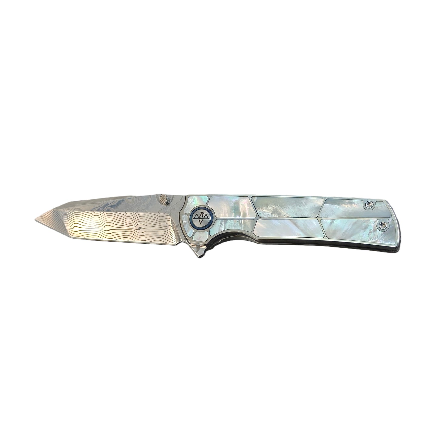 VORIXN "Forest Mirage" Flipper & Thumb Stud Knife White Mother-of-pearl Inlaid Titanium Handle (3.4" Damascus Blade) KB063