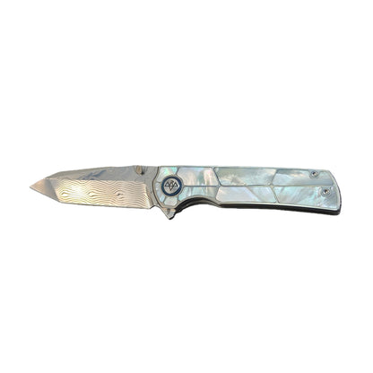 VORIXN "Forest Mirage" Flipper & Thumb Stud Knife White Mother-of-pearl Inlaid Titanium Handle (3.4" Damascus Blade) KB063