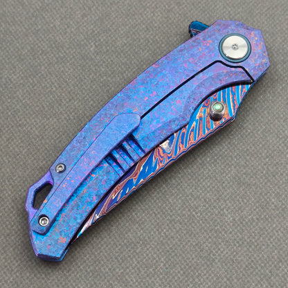 VORIXN "Rimeflare" (3.7" Damascus Blade) Crystallized Titanium Handle Flipper & Thumb Stud Folding Knife - KB132