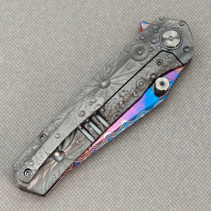 Vorixn "Impact Origin" Flipper & Thumb Stud Knife DLC-Coated Titanium-Engraved Anodized Handle (3.6" Damascus steel Blade) KB094