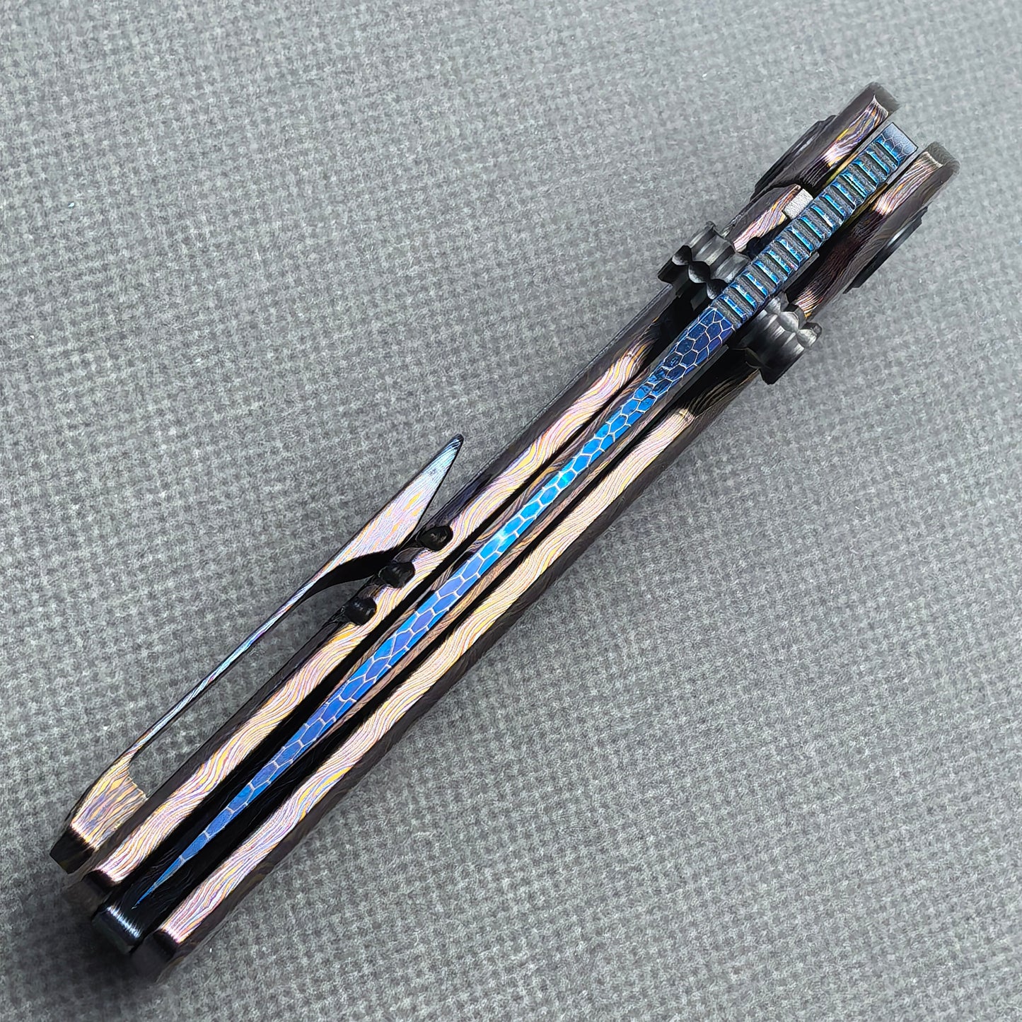 Vorixn "Celestial Vein" Flipper & Thumb Stud Knife Hand-Flamed Zirconium Handle (3.8" Damascus Blade) KB091