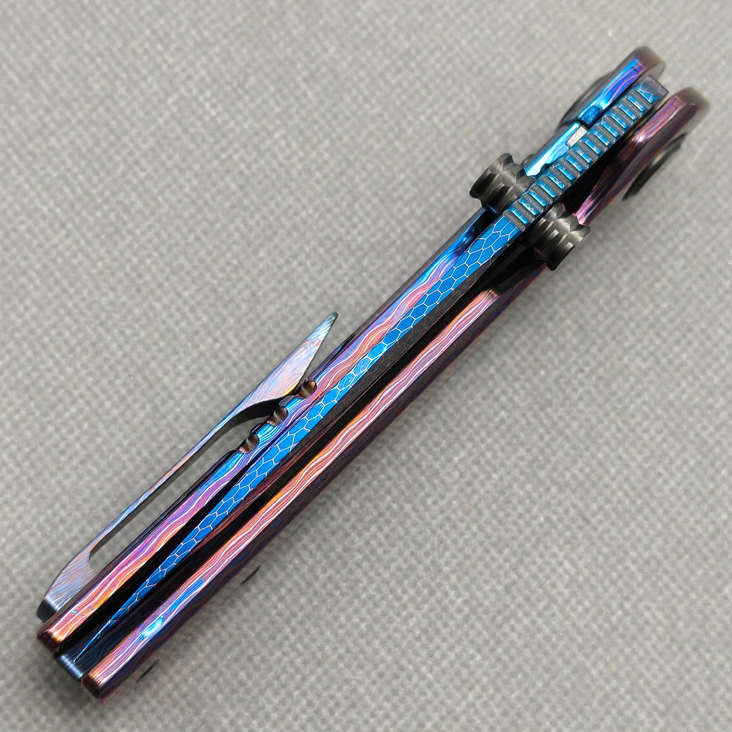 Vorixn "Celestial Current" Flipper & Thumb Stud Knife Hand-Flamed Zirconium Handle (3.8" Damascus Blade) KB099