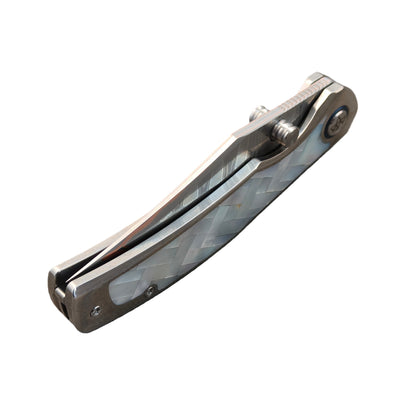 VORIXN "Ocean Mirage" Flipper & Thumb Stud Knife White Mother-of-pearl Inlaid Titanium Handle (3.9"  Cu-Mai  Blade) KB068