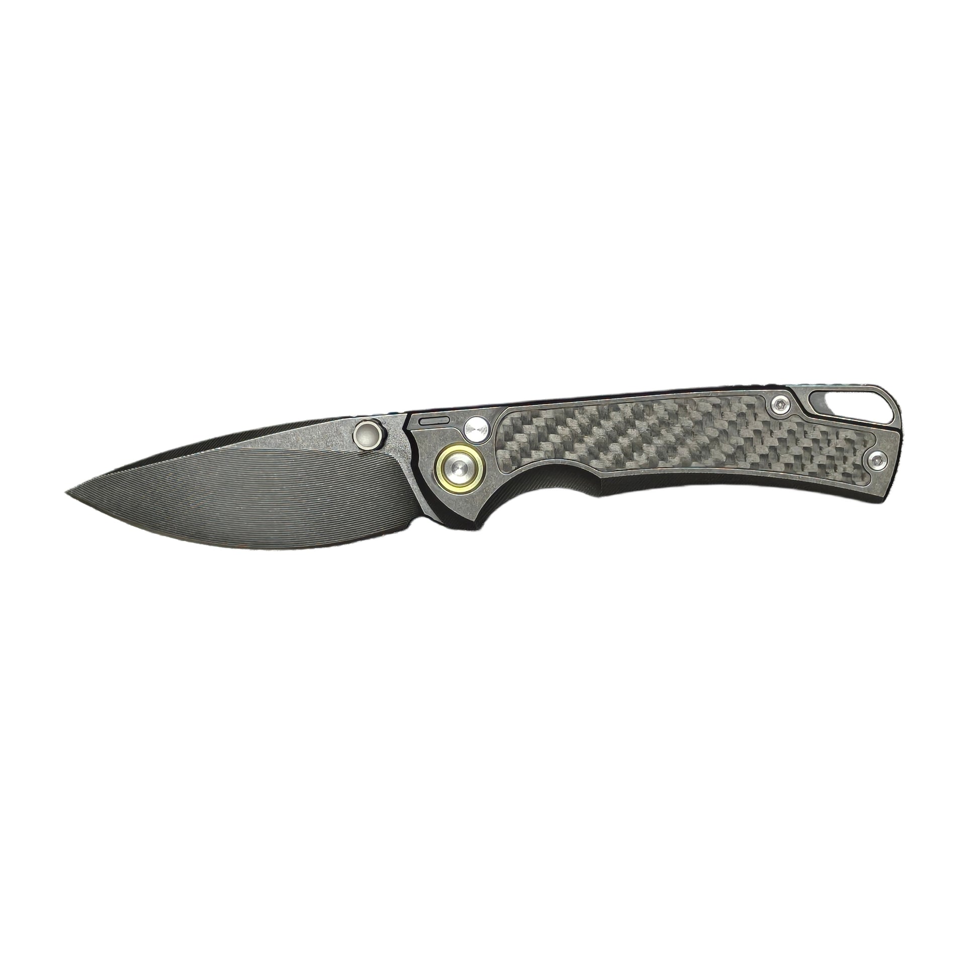 5. VORIXN KB077 folding knife open non-clip side horizontal blade showing CNC milled pattern on M390 steel