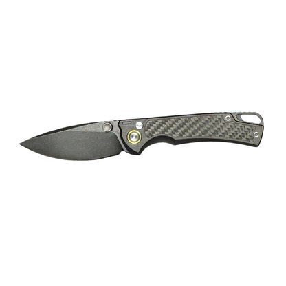 5. VORIXN KB077 folding knife open non-clip side horizontal blade showing CNC milled pattern on M390 steel