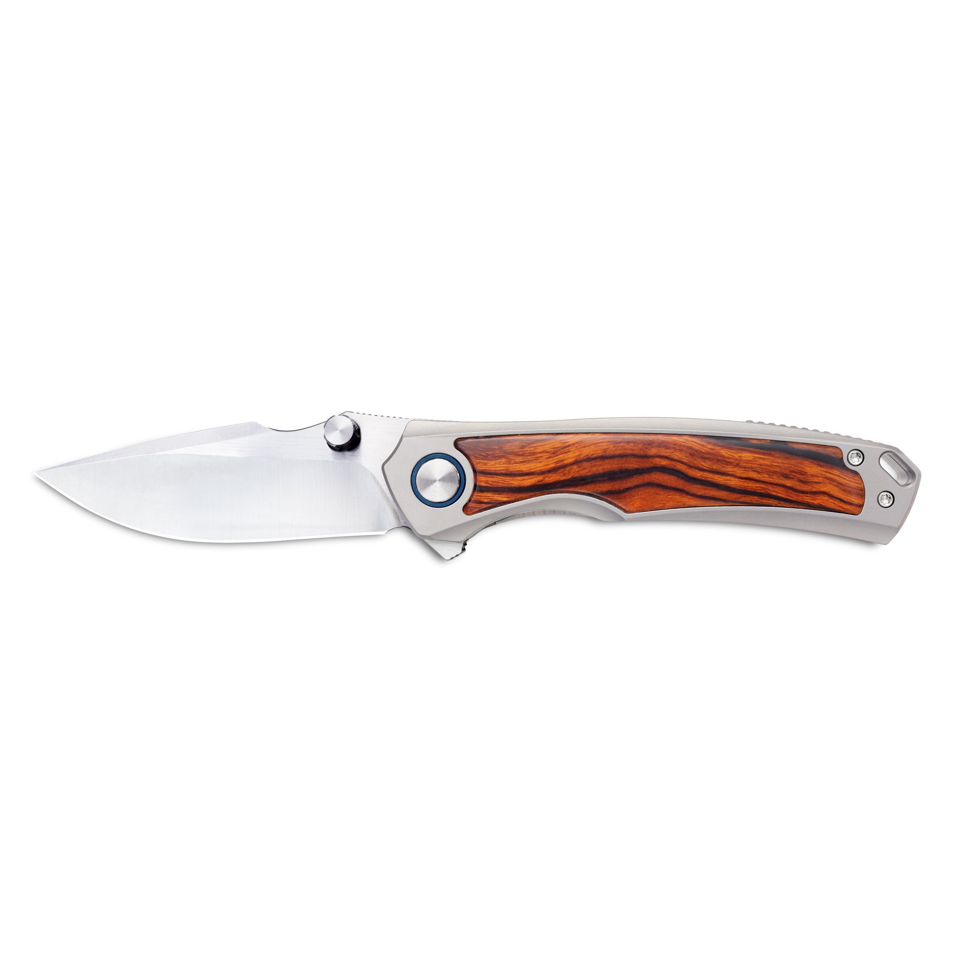 VORIXN Ironwood Crest VG10 folding knife fully open with blade held horizontally, displaying ironwood and titanium handle