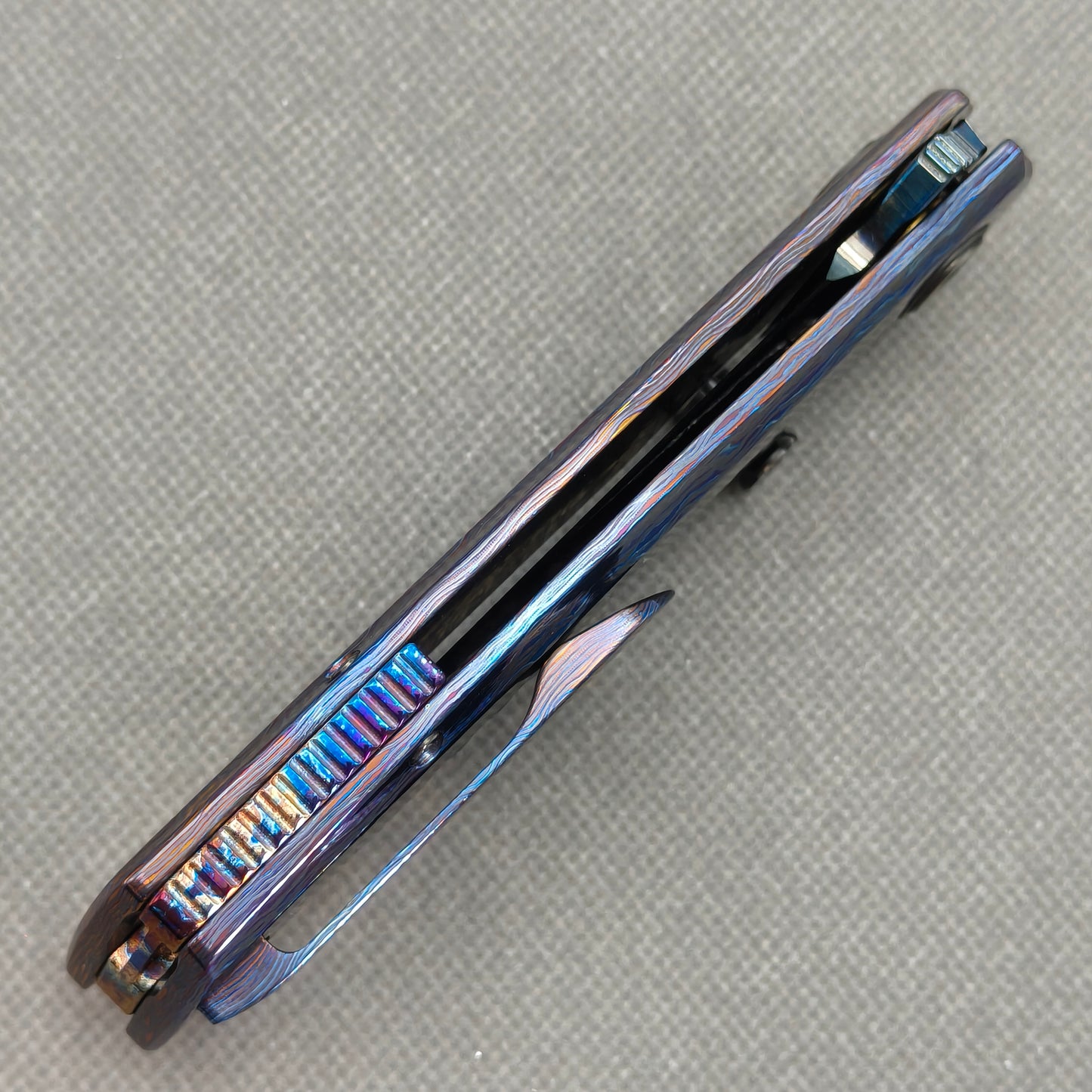 Vorixn "Aurora Black" Flipper & Thumb Stud Knife Hand-Flamed Zirconium Handle (3.8" Feather Damascus Blade) KB112