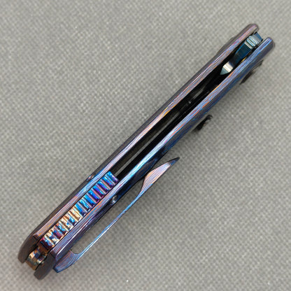 Vorixn "Aurora Black" Flipper & Thumb Stud Knife Hand-Flamed Zirconium Handle (3.8" Feather Damascus Blade) KB112