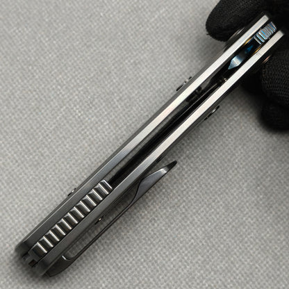 VORIXN Azure Feather folding knife open, spine perspective view – KB097