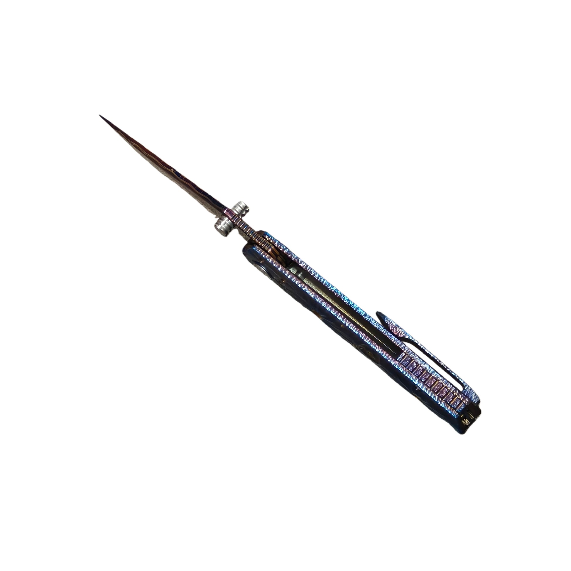 VORIXN Impact Origin titanium Damascus folding knife open, front view from blade spine perspective