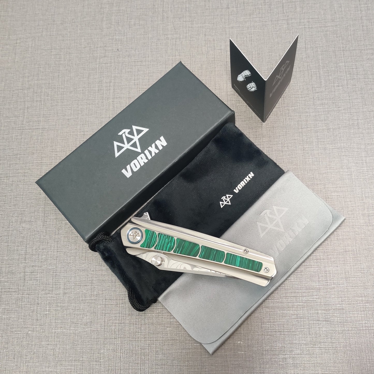 VORIXN "Forest Mirage" Flipper & Thumb Stud Knife Malachite Inlaid Titanium Handle (3.6" Damascus Blade) KB056