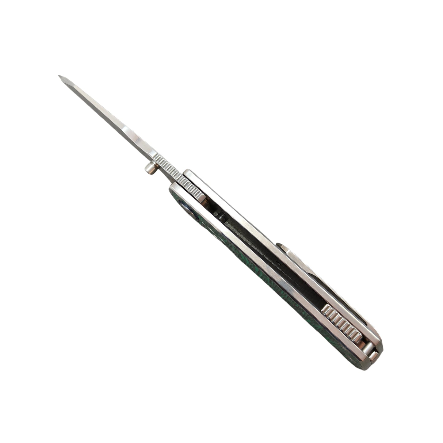 VORIXN "Forest Mirage" Flipper & Thumb Stud Knife Malachite Inlaid Titanium Handle (3.4" Damascus Blade) KB062