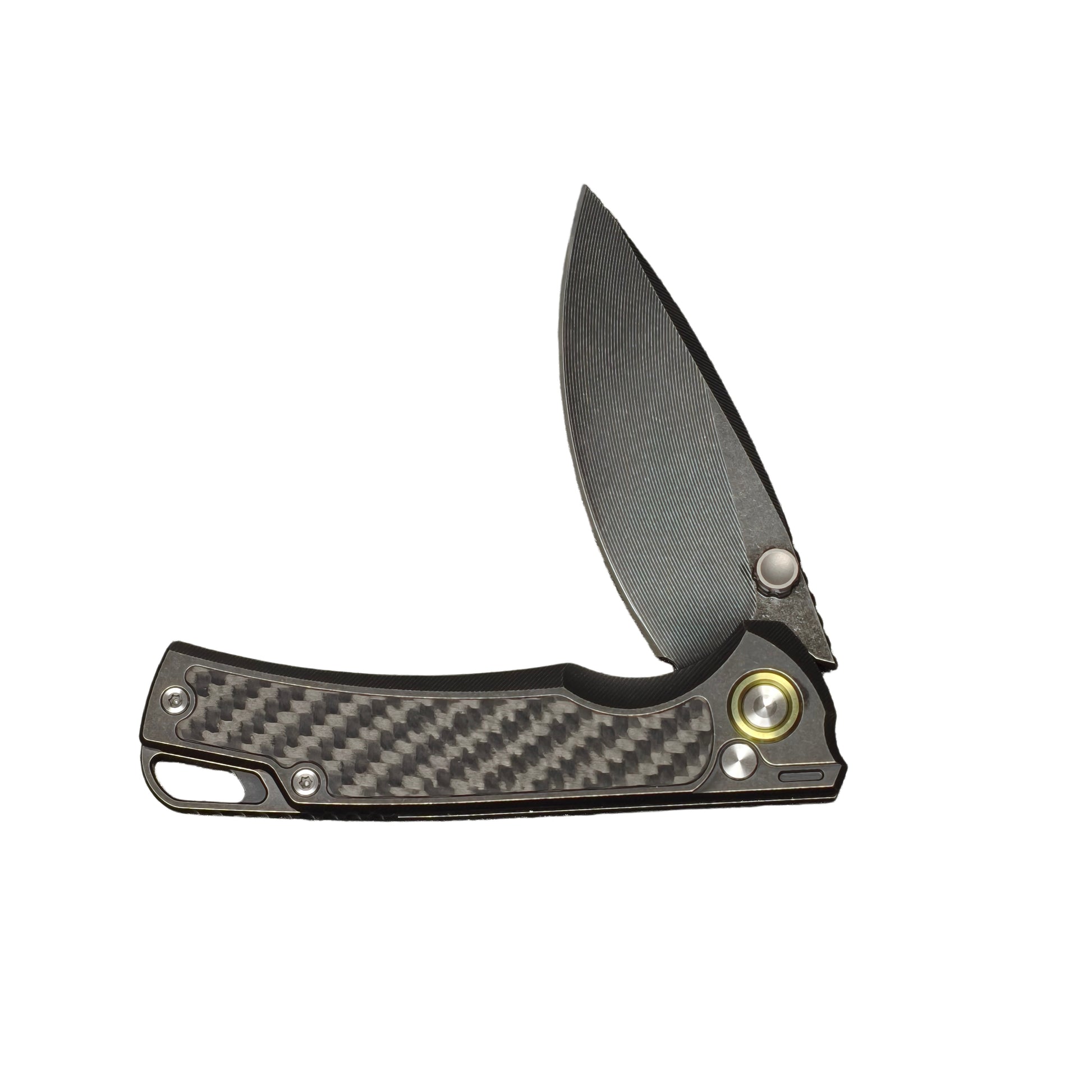 6. VORIXN KB077 folding knife half-open non-clip side horizontal showing button lock mechanism and handle ergonomics